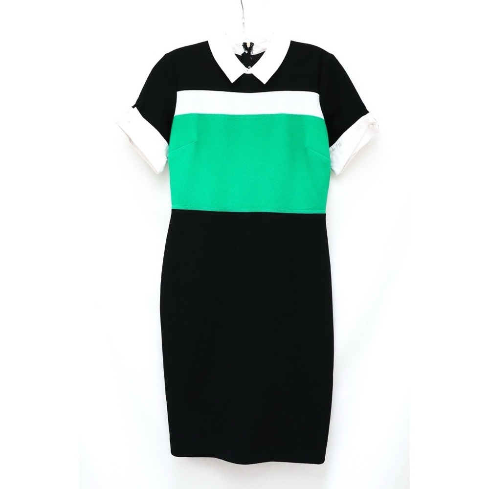 Karl Lagerfeld black green cocktail sheath dress mixed fabric colorblock office